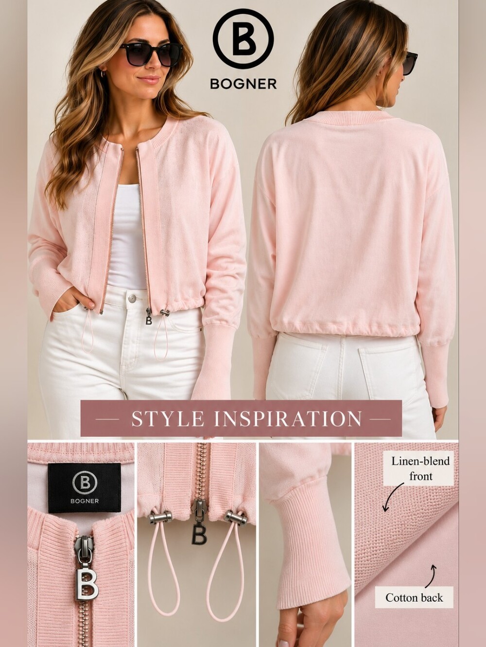 BOGNER Pink Linen Blend Zip Front Jacket Drawstring Hem